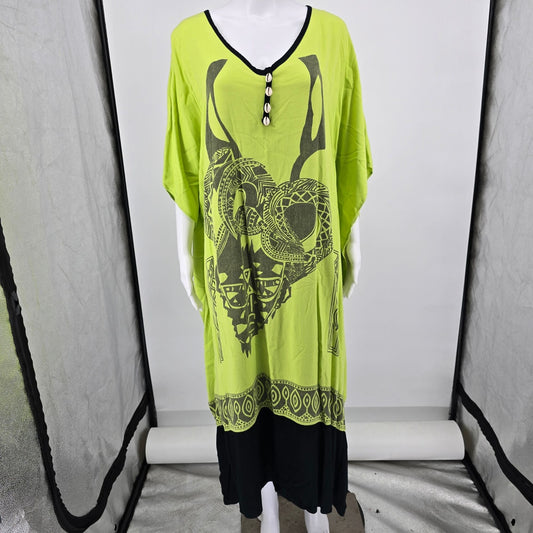 Vintage Y2K Shermarke Lime Green Rayon Tribal Kaftan Dress (One Size) *Flaws