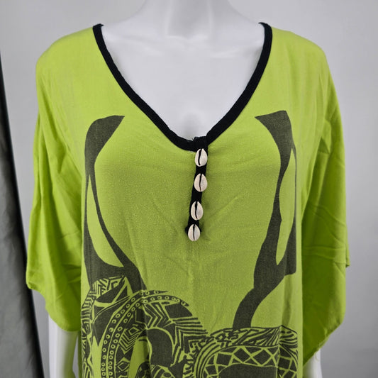 Vintage Y2K Shermarke Lime Green Rayon Tribal Kaftan Dress (One Size) *Flaws