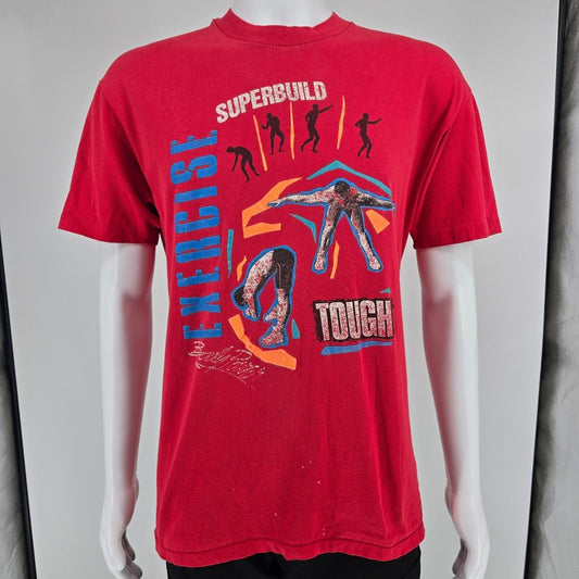 Vintage 1980s Superbuild Exercise Tough Body Power Single Stitch Gym T-Shirt (L)