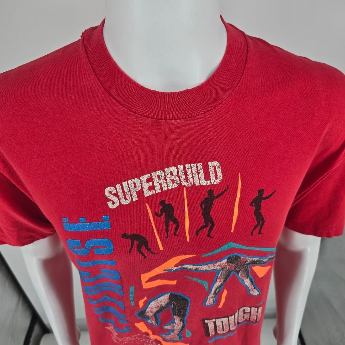 Vintage 1980s Superbuild Exercise Tough Body Power Single Stitch Gym T-Shirt (L)