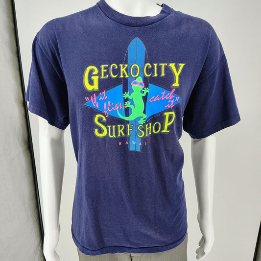 Vintage Single Stitch Gecko City Surf Shop Hawaii 1989 Graphic T-Shirt (XL)