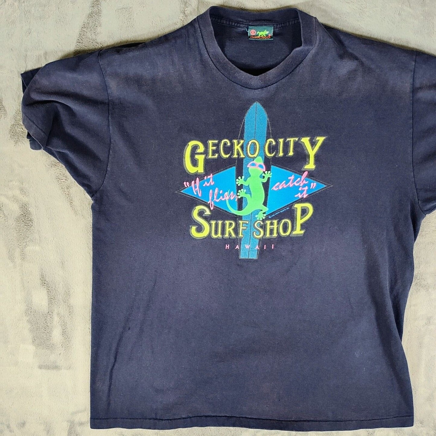 Vintage Single Stitch Gecko City Surf Shop Hawaii 1989 Graphic T-Shirt (XL)