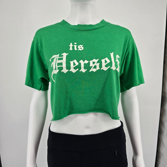 Vintage 1990s Women's Green "Tis Herself" DIY Cropped Graphic T-Shirt (M)