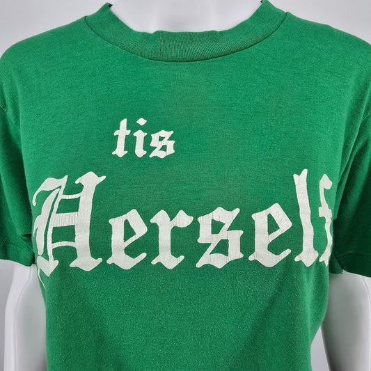 Vintage 1990s Women's Green "Tis Herself" DIY Cropped Graphic T-Shirt (M)