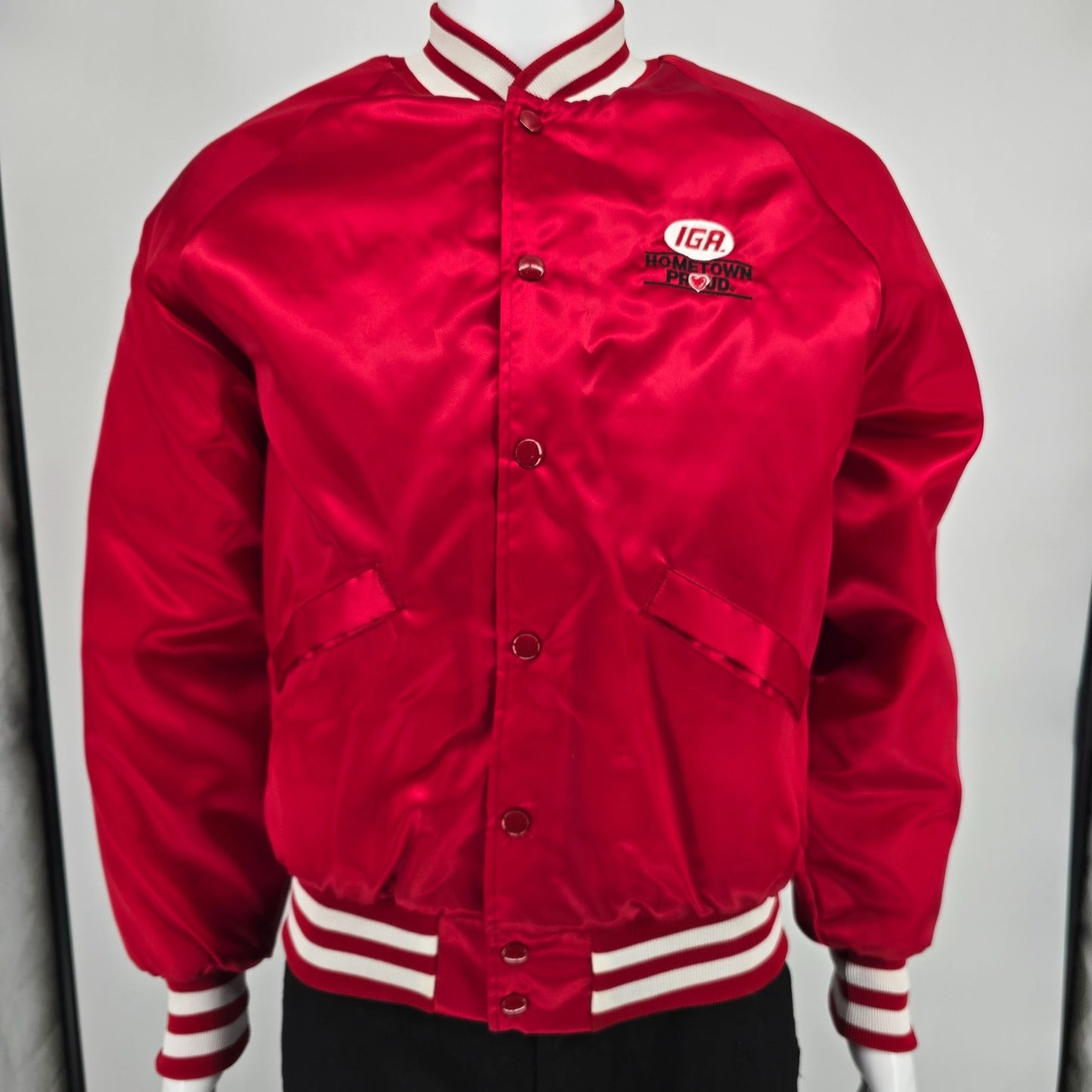 Vintage 1990s King Louie IGA Hometown Proud Nylon Satin Bomber Jacket (M)