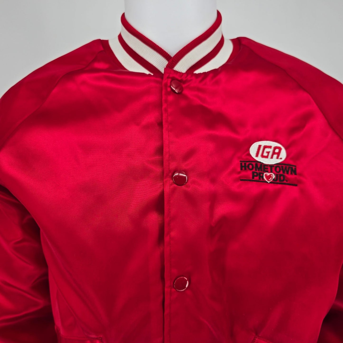 Vintage 1990s King Louie IGA Hometown Proud Nylon Satin Bomber Jacket (M)