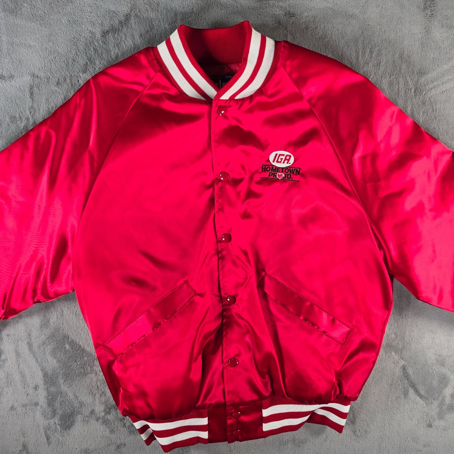 Vintage 1990s King Louie IGA Hometown Proud Nylon Satin Bomber Jacket (M)