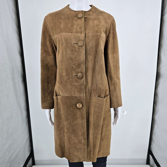 Vintage 1960s Unbranded Women's Camel Suede Leather Collarless Car Coat (M)