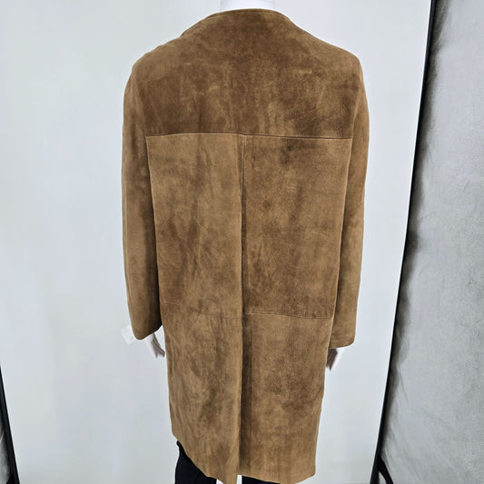 Vintage 1960s Unbranded Women's Camel Suede Leather Collarless Car Coat (M)