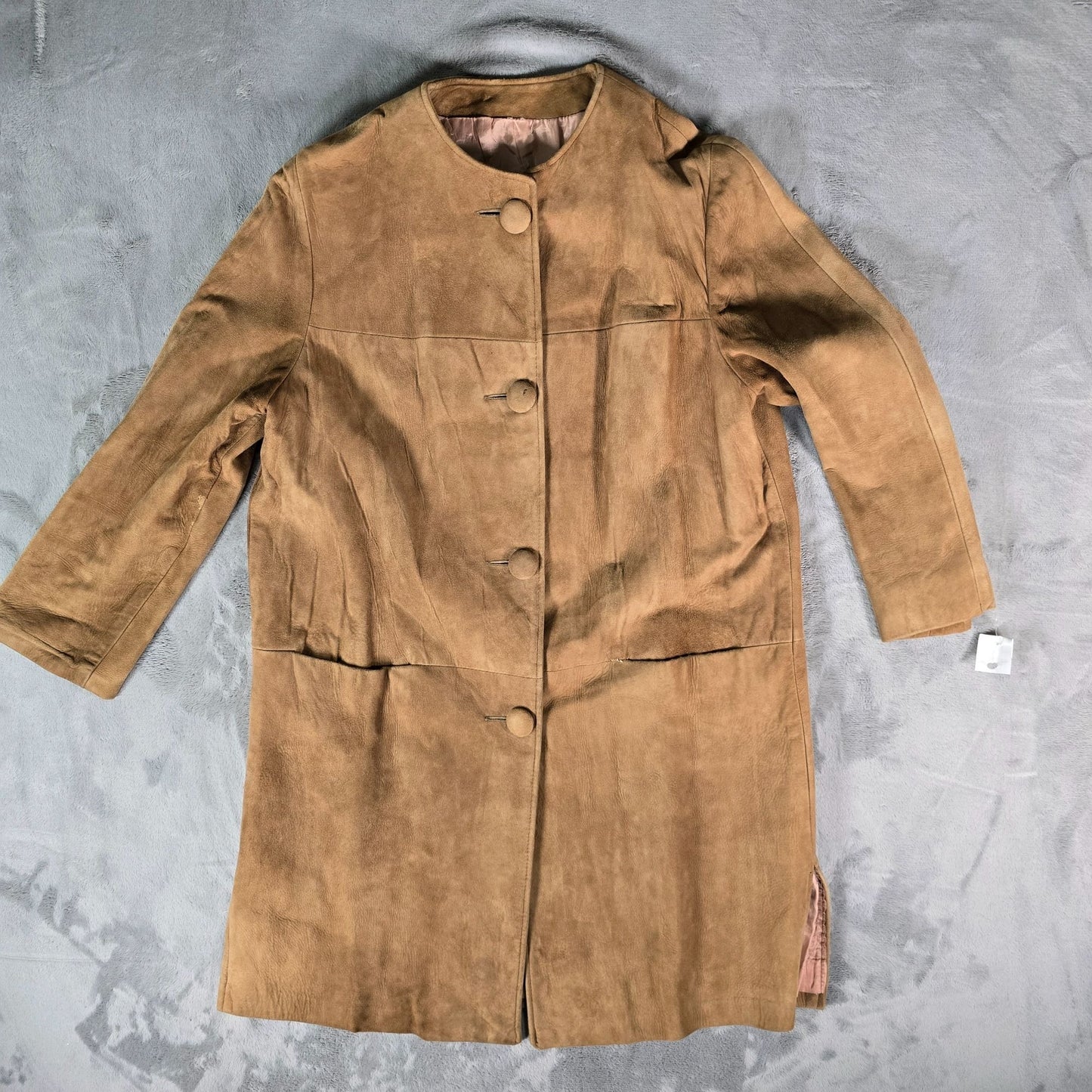 Vintage 1960s Unbranded Women's Camel Suede Leather Collarless Car Coat (M)