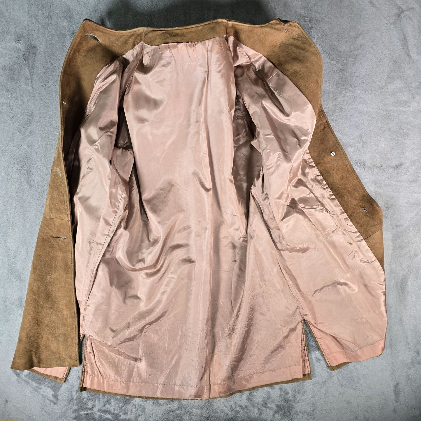 Vintage 1960s Unbranded Women's Camel Suede Leather Collarless Car Coat (M)