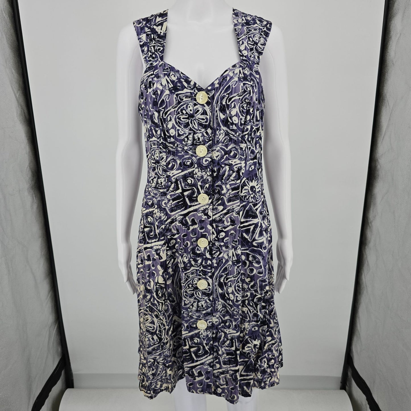 Vintage 1990s DBY Purple Abstract Rayon Button Front Sundress (Juniors Small)