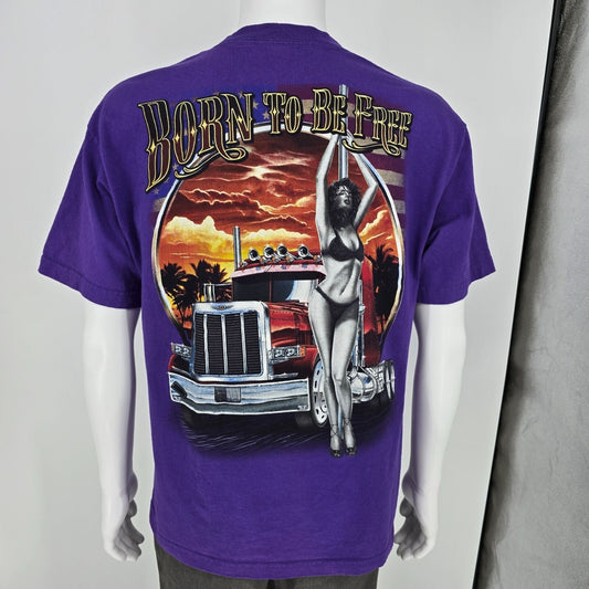 Purple Alstyle Back Graphic "Born to Be Free" Semitruck and Stripper T-Shirt (L)
