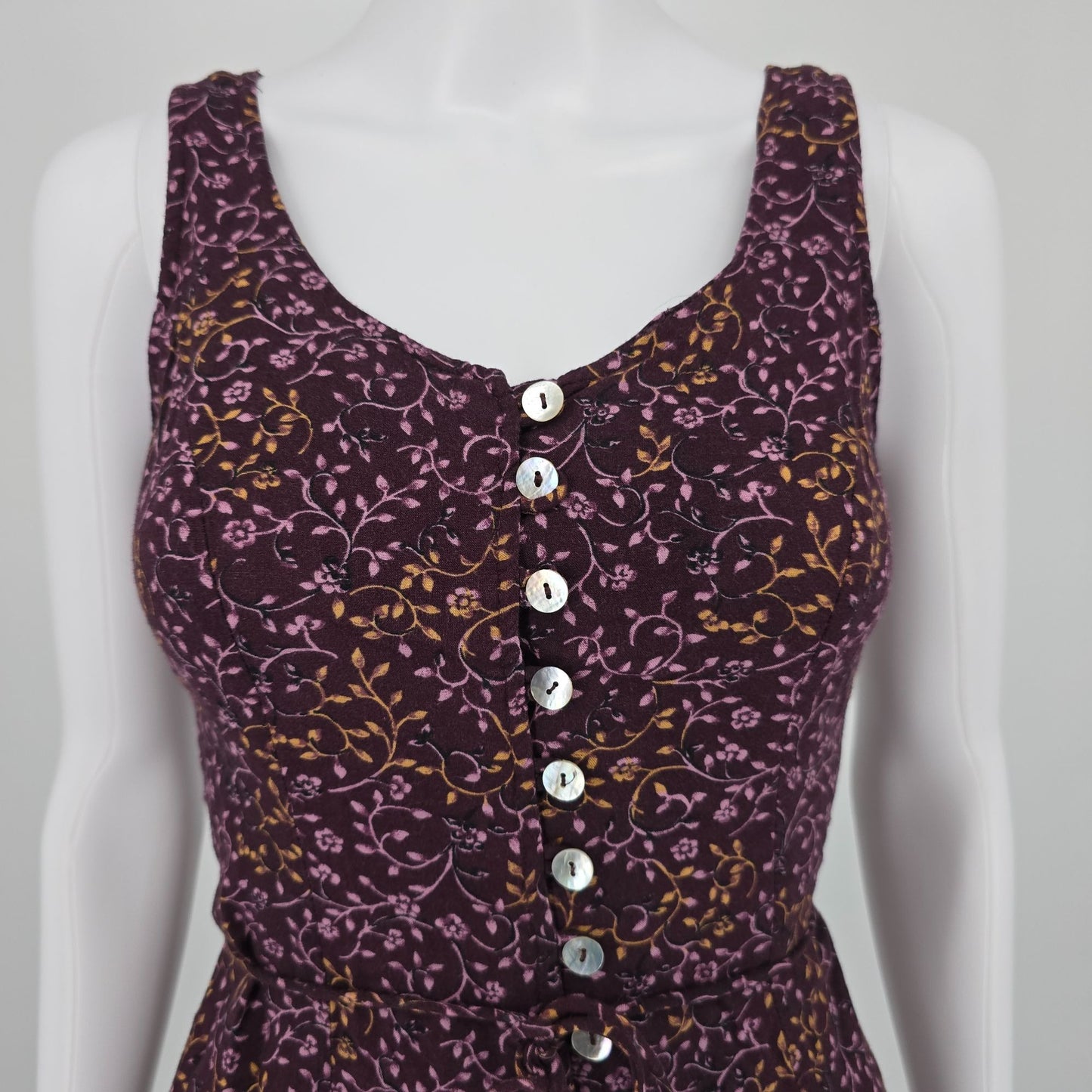 Vintage 1990s DBY Purple Floral Rayon Button Front Sleeveless Mini Sundress (S)