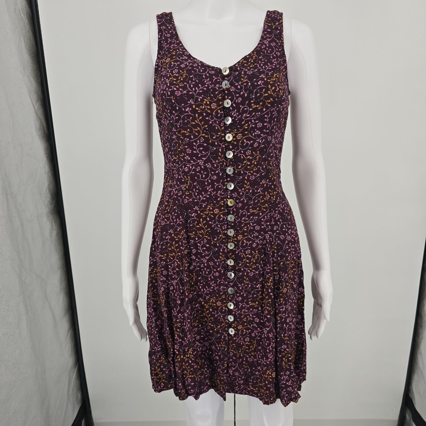 Vintage 1990s DBY Purple Floral Rayon Button Front Sleeveless Mini Sundress (S)
