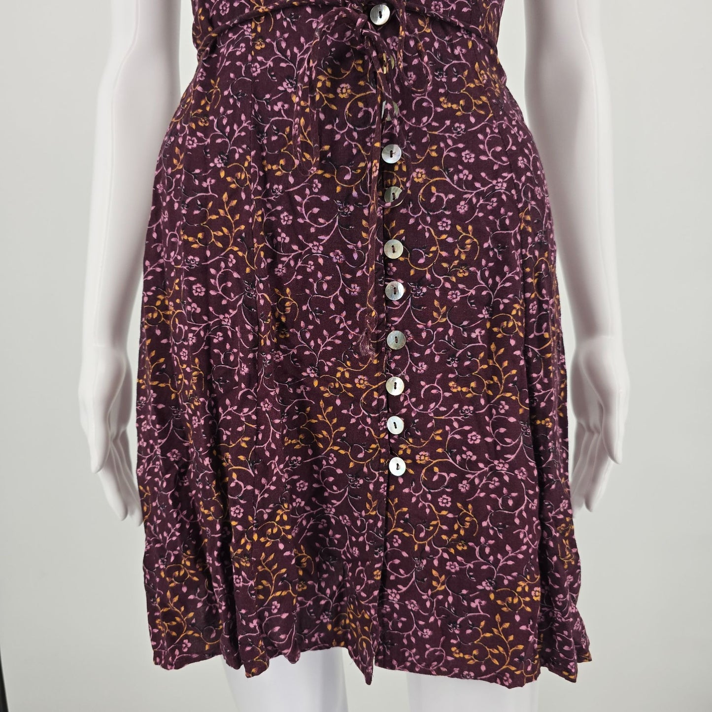 Vintage 1990s DBY Purple Floral Rayon Button Front Sleeveless Mini Sundress (S)