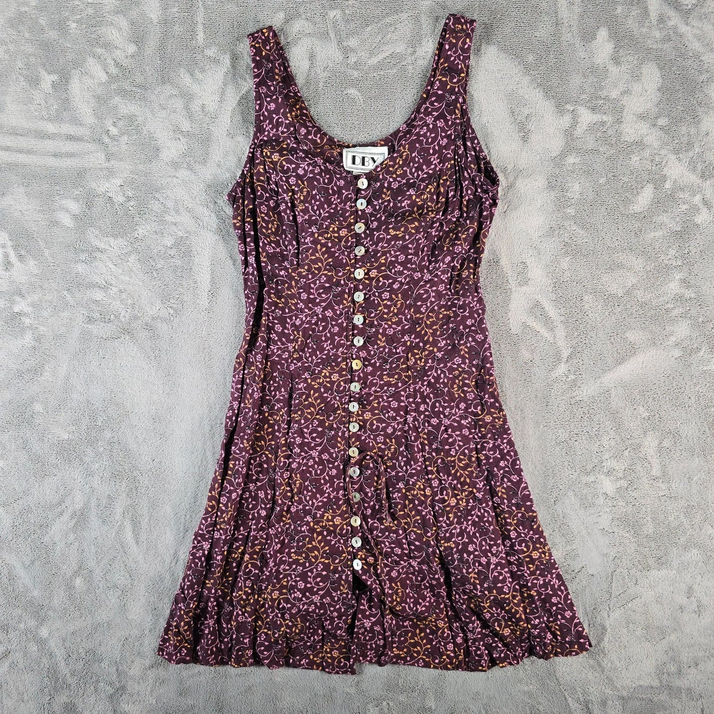 Vintage 1990s DBY Purple Floral Rayon Button Front Sleeveless Mini Sundress (S)
