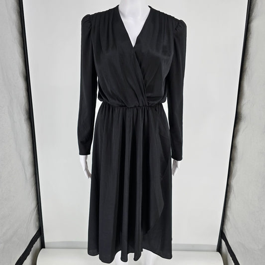 Vintage 1980s Alison Peters Black Long Sleeve Faux Wrap Midi Dress (Small)