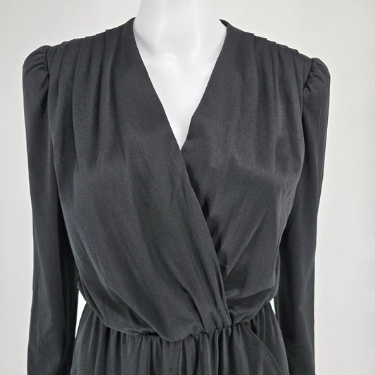 Vintage 1980s Alison Peters Black Long Sleeve Faux Wrap Midi Dress (Small)