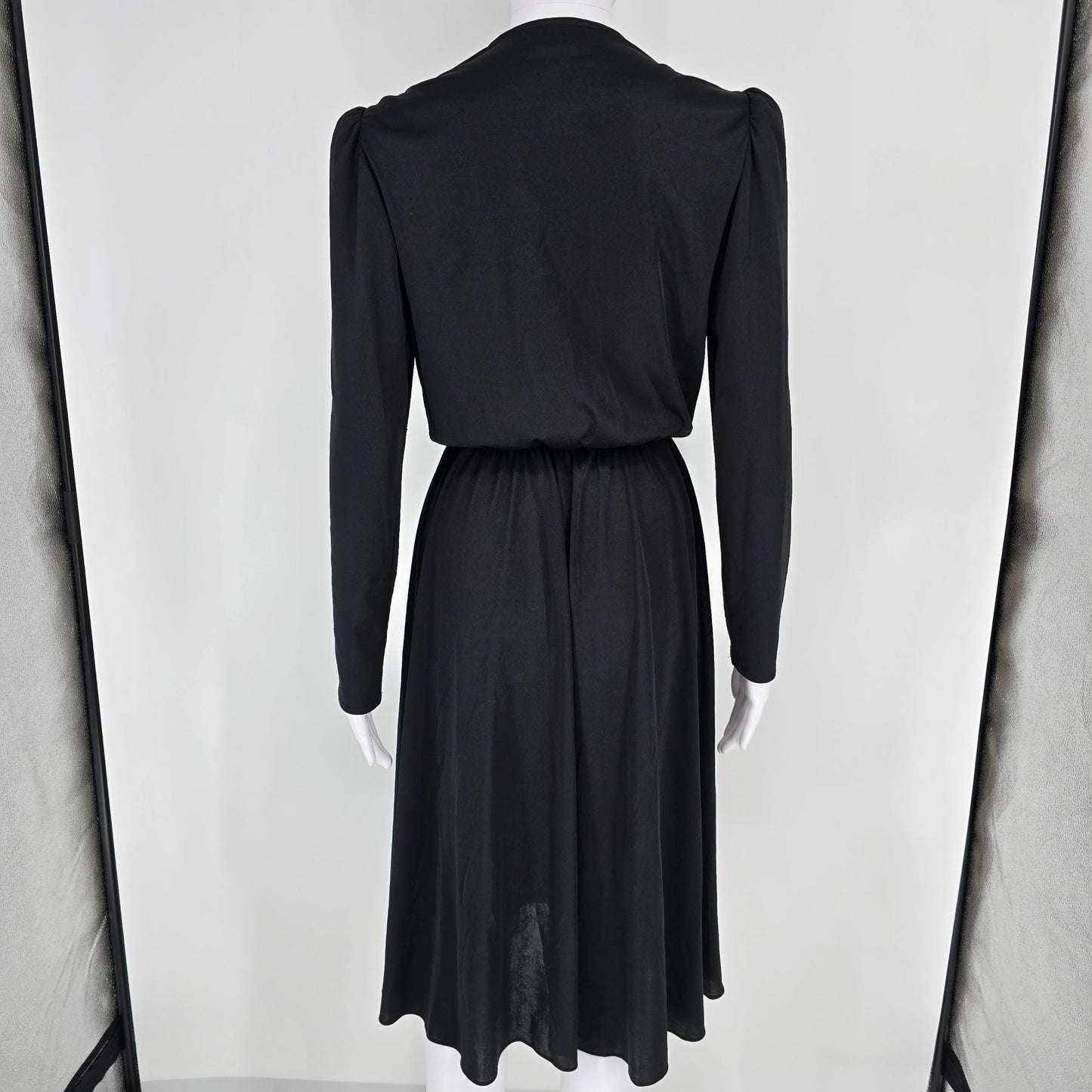 Vintage 1980s Alison Peters Black Long Sleeve Faux Wrap Midi Dress (Small)