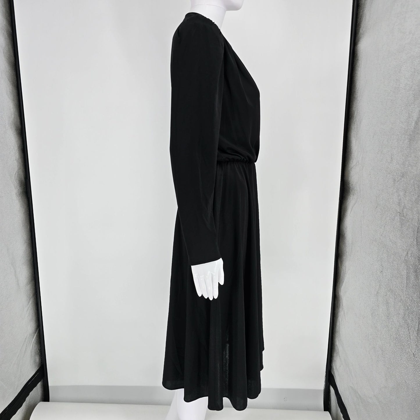 Vintage 1980s Alison Peters Black Long Sleeve Faux Wrap Midi Dress (Small)