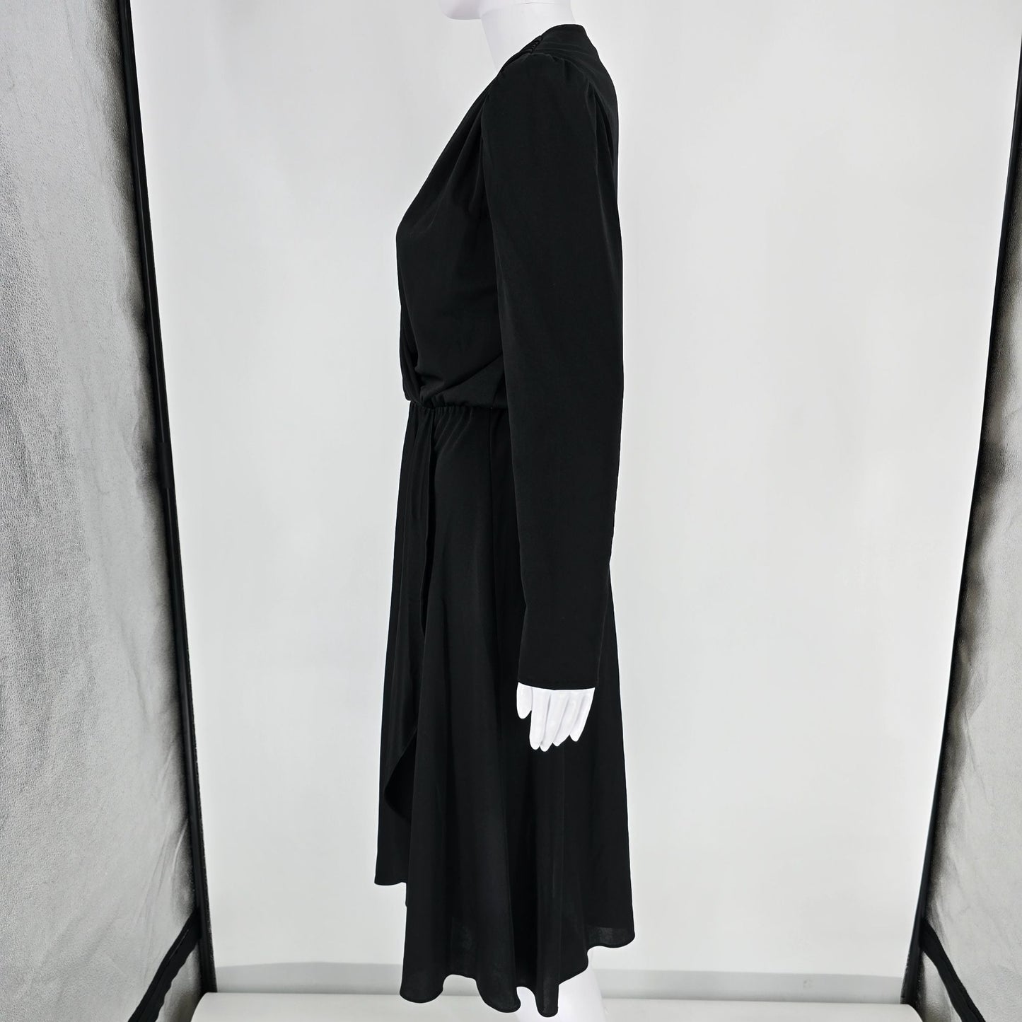 Vintage 1980s Alison Peters Black Long Sleeve Faux Wrap Midi Dress (Small)