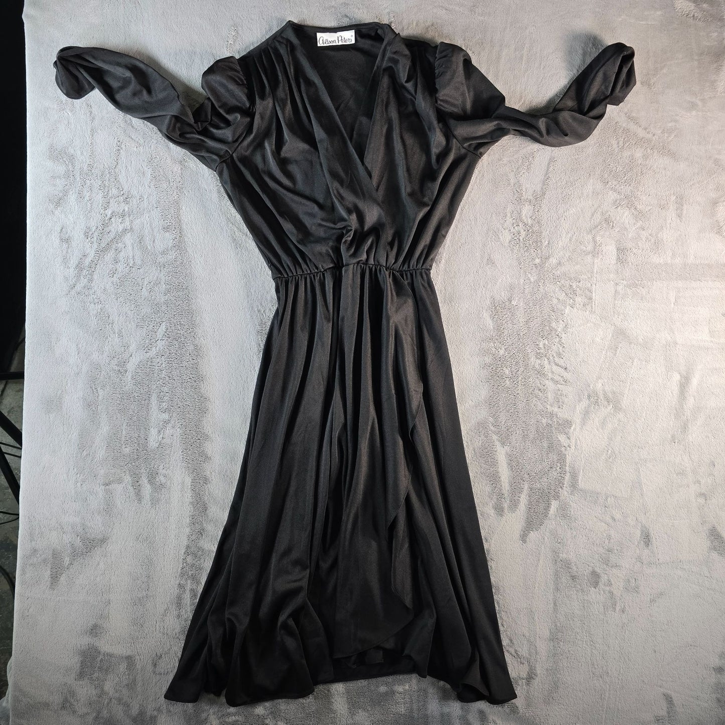 Vintage 1980s Alison Peters Black Long Sleeve Faux Wrap Midi Dress (Small)