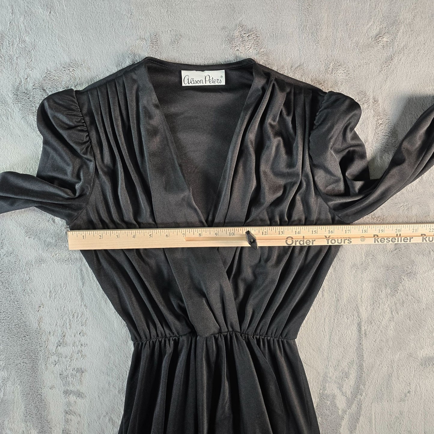 Vintage 1980s Alison Peters Black Long Sleeve Faux Wrap Midi Dress (Small)