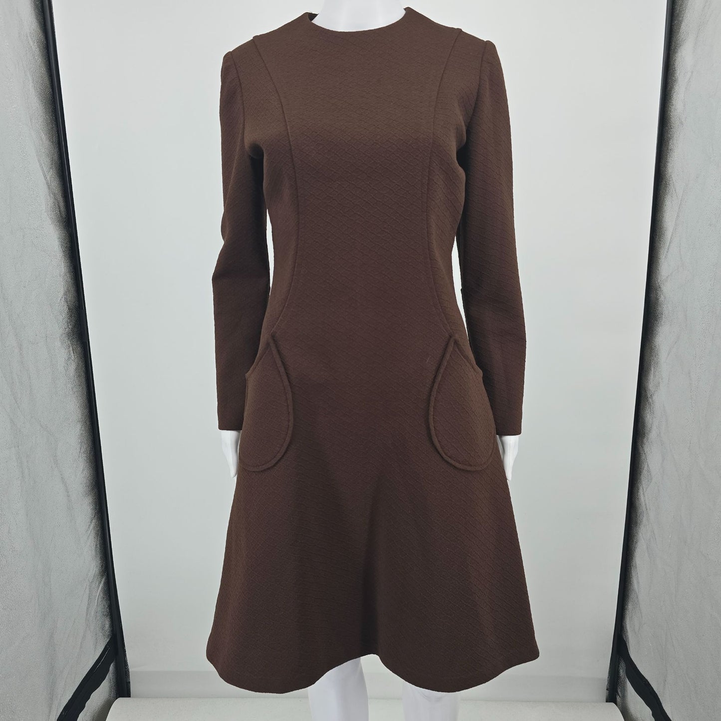 Vintage 1960s Chocolate Brown Textured Knit Knee Length A-Line Mod Dress (M)