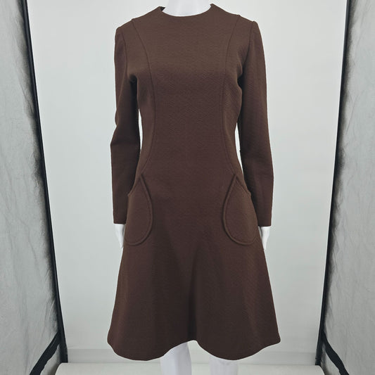 Vintage 1960s Chocolate Brown Textured Knit Knee Length A-Line Mod Dress (M)