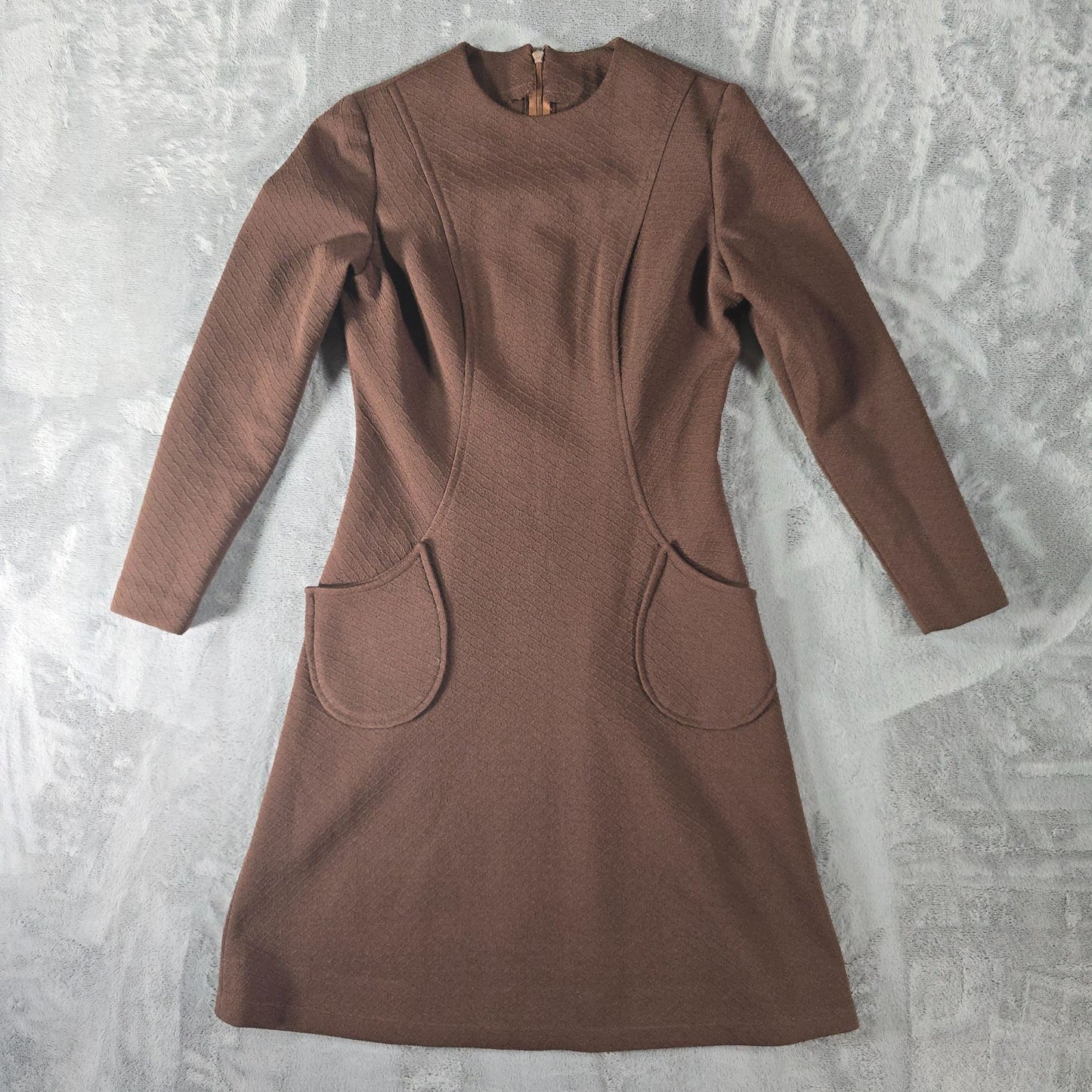 Vintage 1960s Chocolate Brown Textured Knit Knee Length A-Line Mod Dress (M)