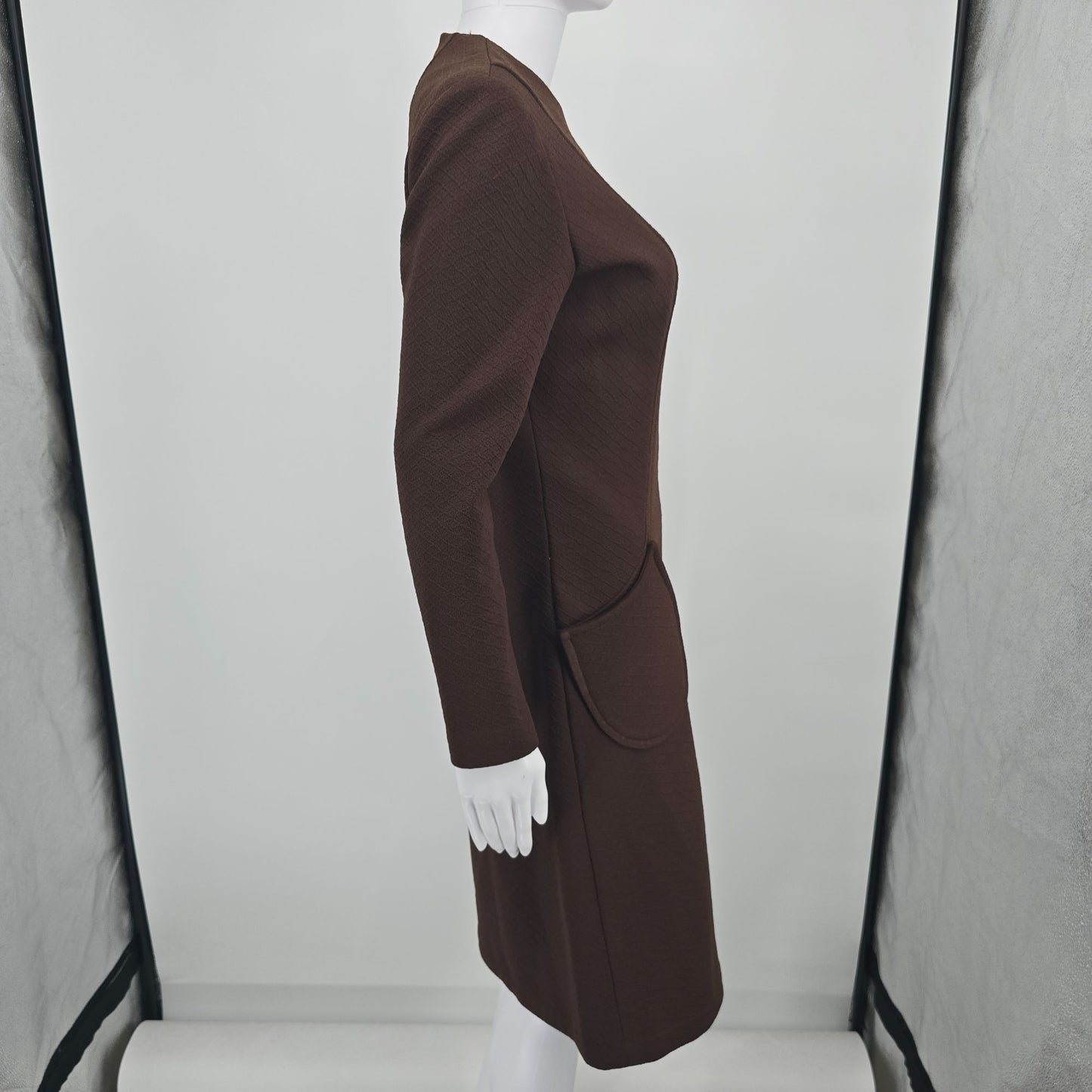 Vintage 1960s Chocolate Brown Textured Knit Knee Length A-Line Mod Dress (M)