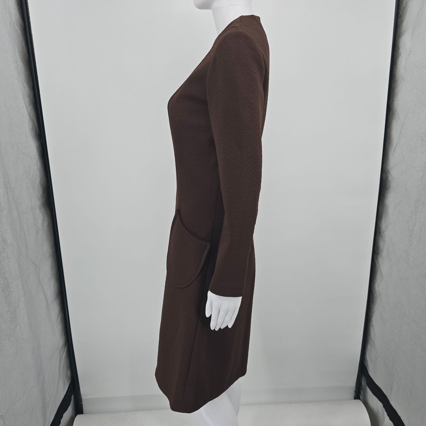 Vintage 1960s Chocolate Brown Textured Knit Knee Length A-Line Mod Dress (M)