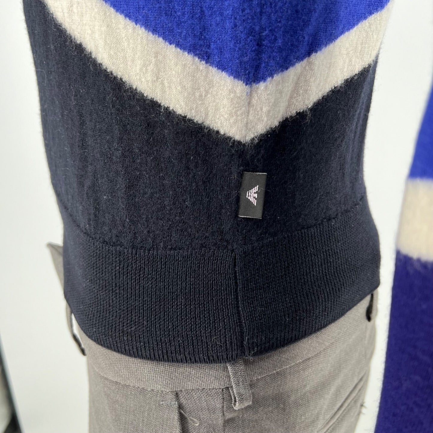 Emporio Armani Blue Color Block Striped Crew Neck Pullover Sweater (Size Small)
