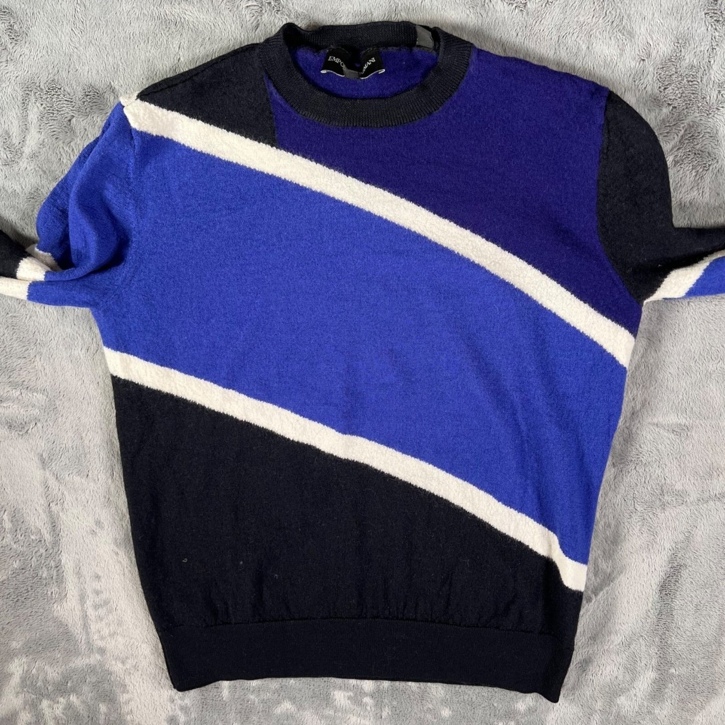 Emporio Armani Blue Color Block Striped Crew Neck Pullover Sweater (Size Small)