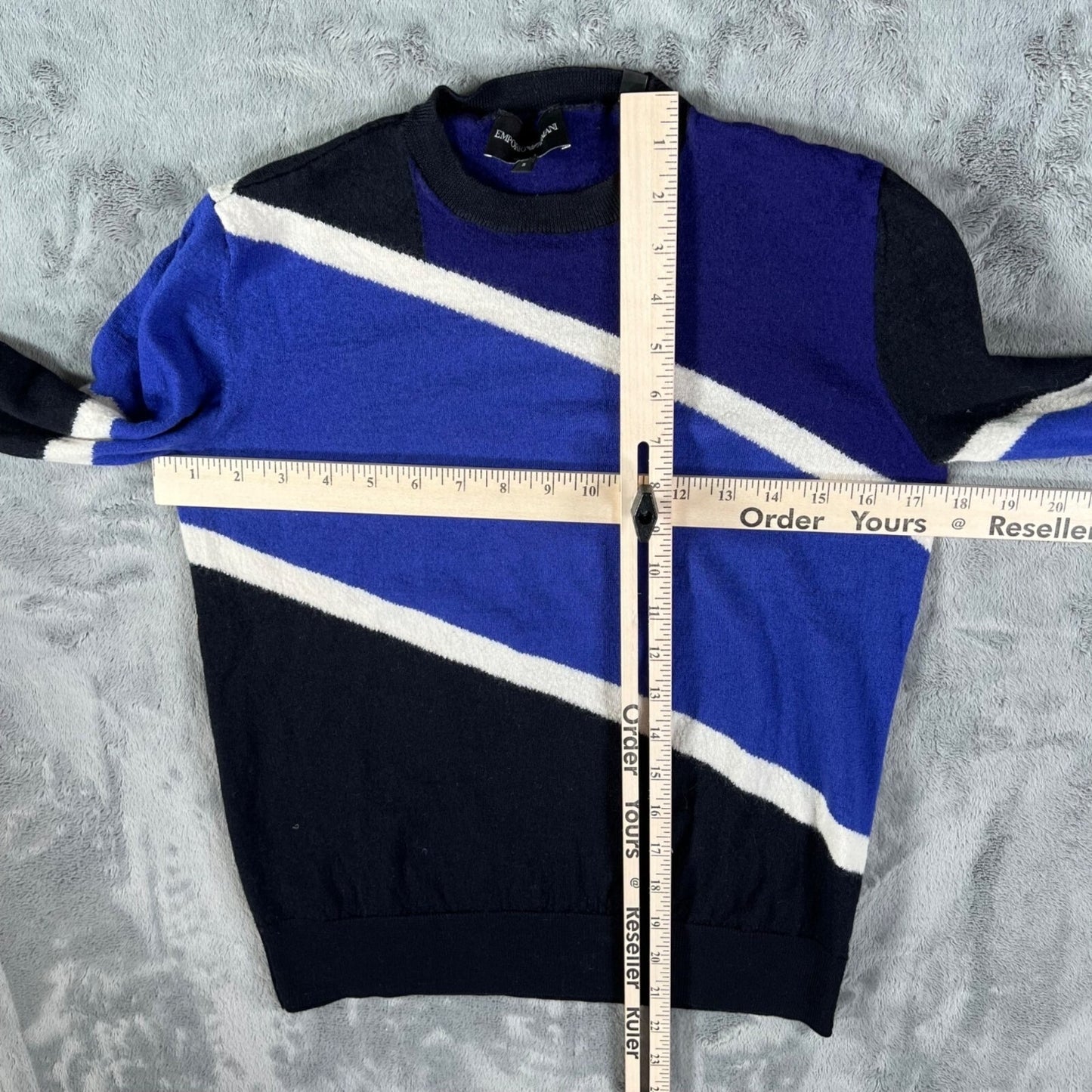 Emporio Armani Blue Color Block Striped Crew Neck Pullover Sweater (Size Small)