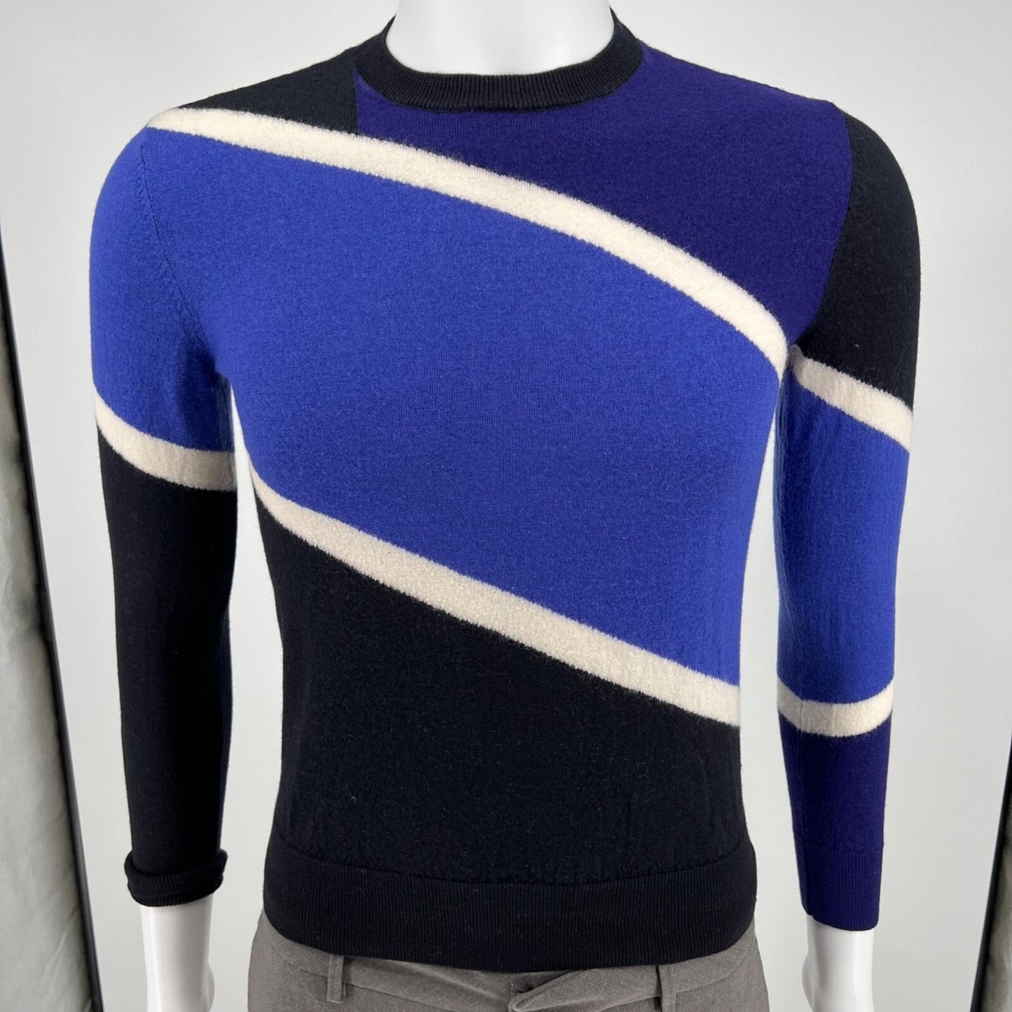 Emporio Armani Blue Color Block Striped Crew Neck Pullover Sweater (Size Small)