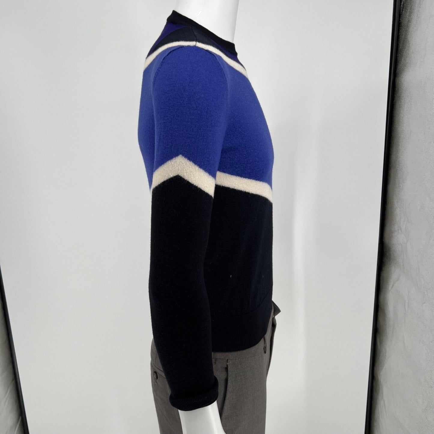 Emporio Armani Blue Color Block Striped Crew Neck Pullover Sweater (Size Small)