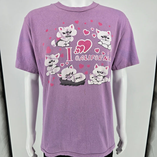Vintage 1990s Faded Lavender "I Love California" Kitten Graphic T-Shirt (L/XL)