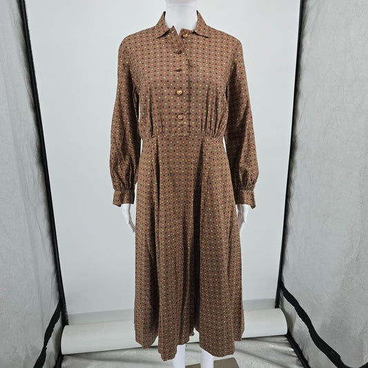 Vintage 1970s Brown Long Sleeve Foulard Print Shirtwaist Midi Dress (L)