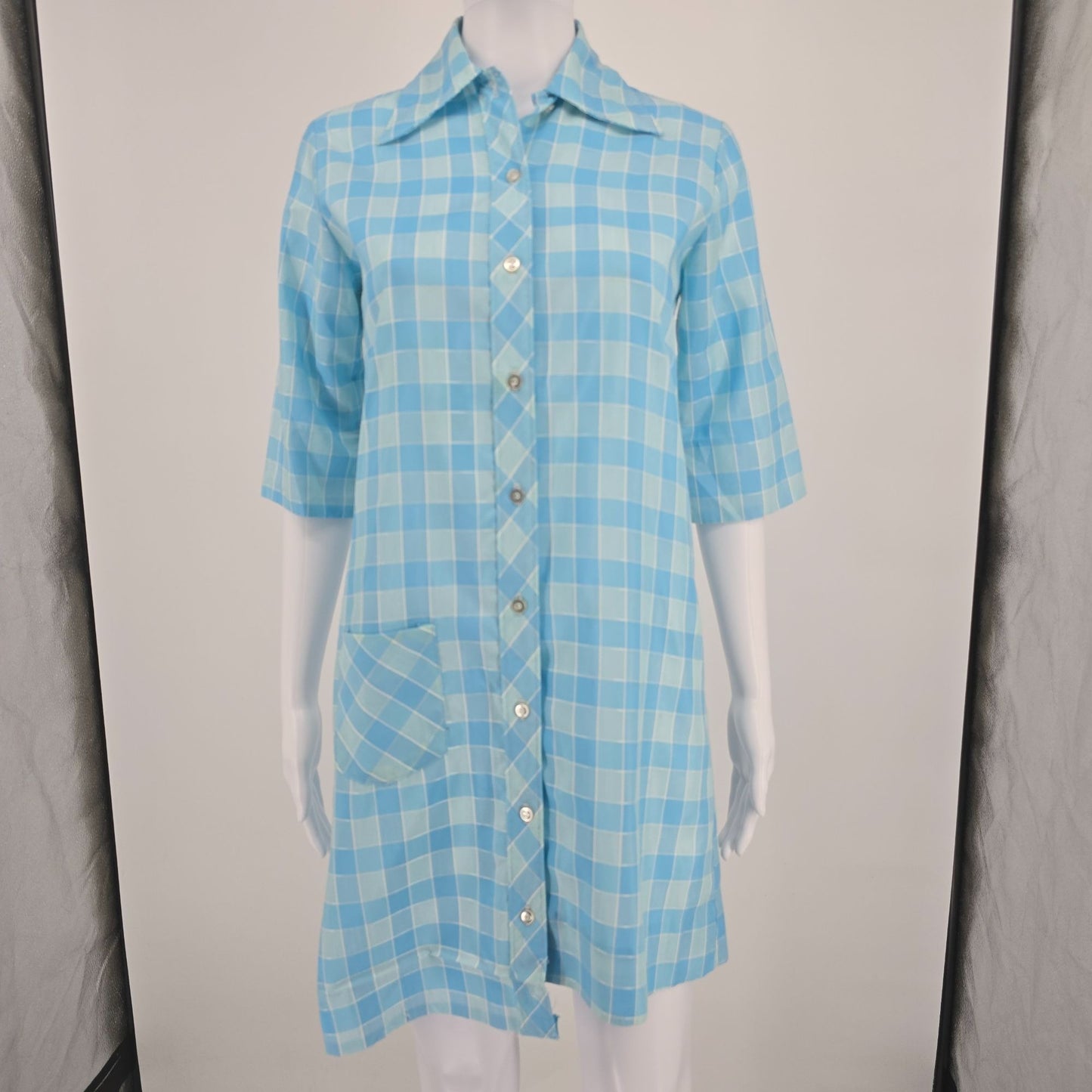 Vintage 1970s Lean on Klopman Blue Windowpane Polycotton Mini Mod Shirtdress (M)