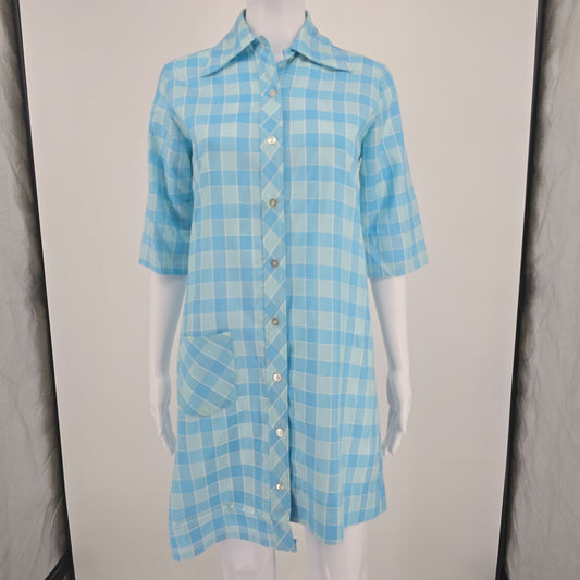 Vintage 1970s Lean on Klopman Blue Windowpane Polycotton Mini Mod Shirtdress (M)