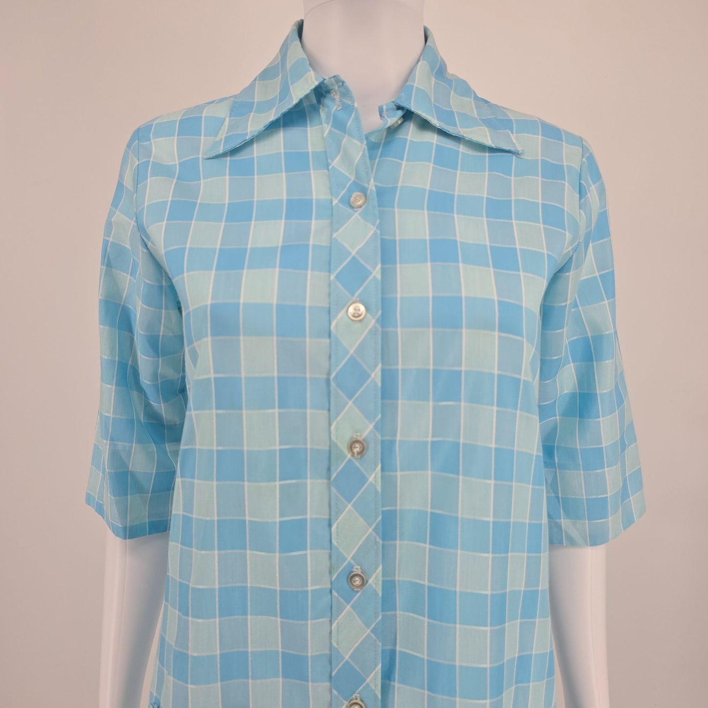 Vintage 1970s Lean on Klopman Blue Windowpane Polycotton Mini Mod Shirtdress (M)