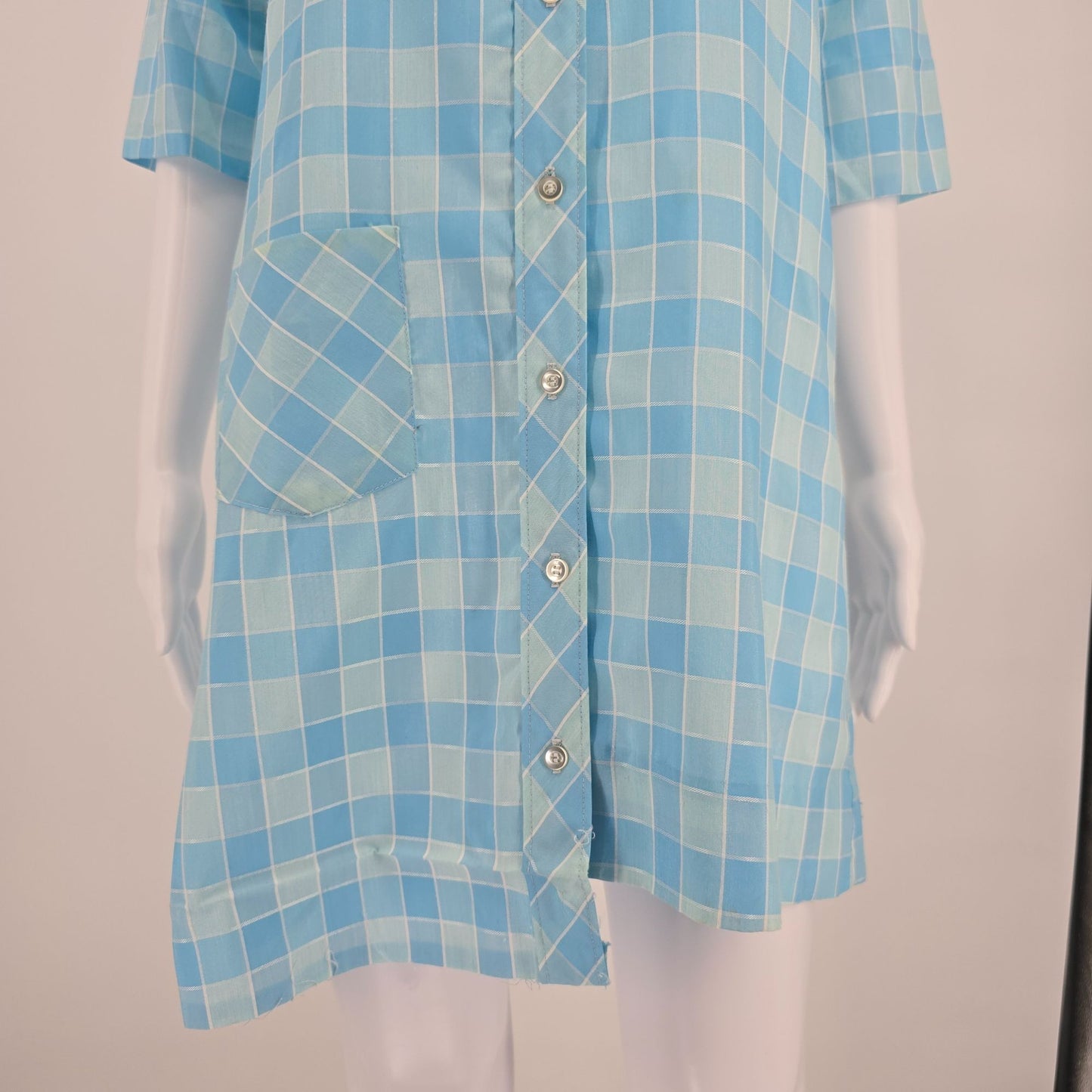 Vintage 1970s Lean on Klopman Blue Windowpane Polycotton Mini Mod Shirtdress (M)
