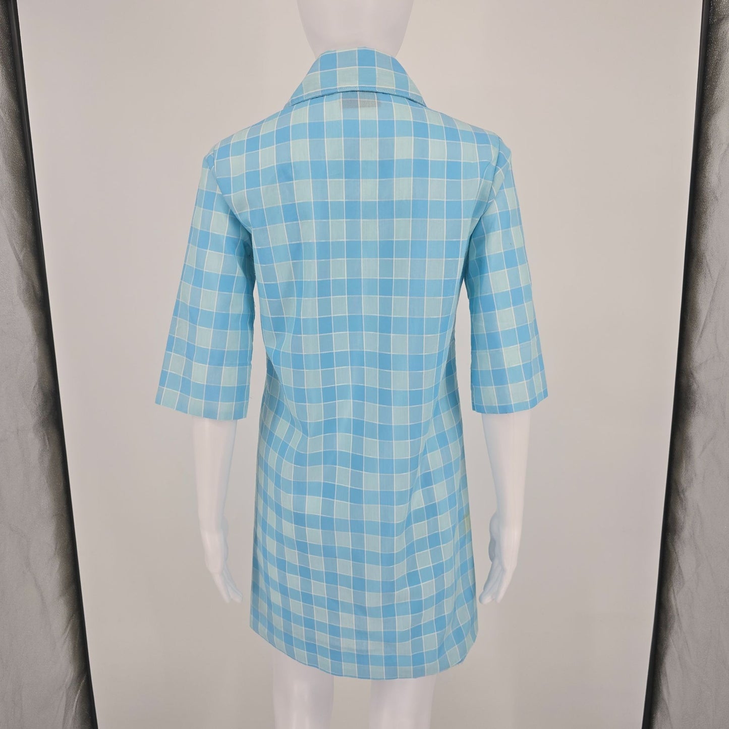 Vintage 1970s Lean on Klopman Blue Windowpane Polycotton Mini Mod Shirtdress (M)