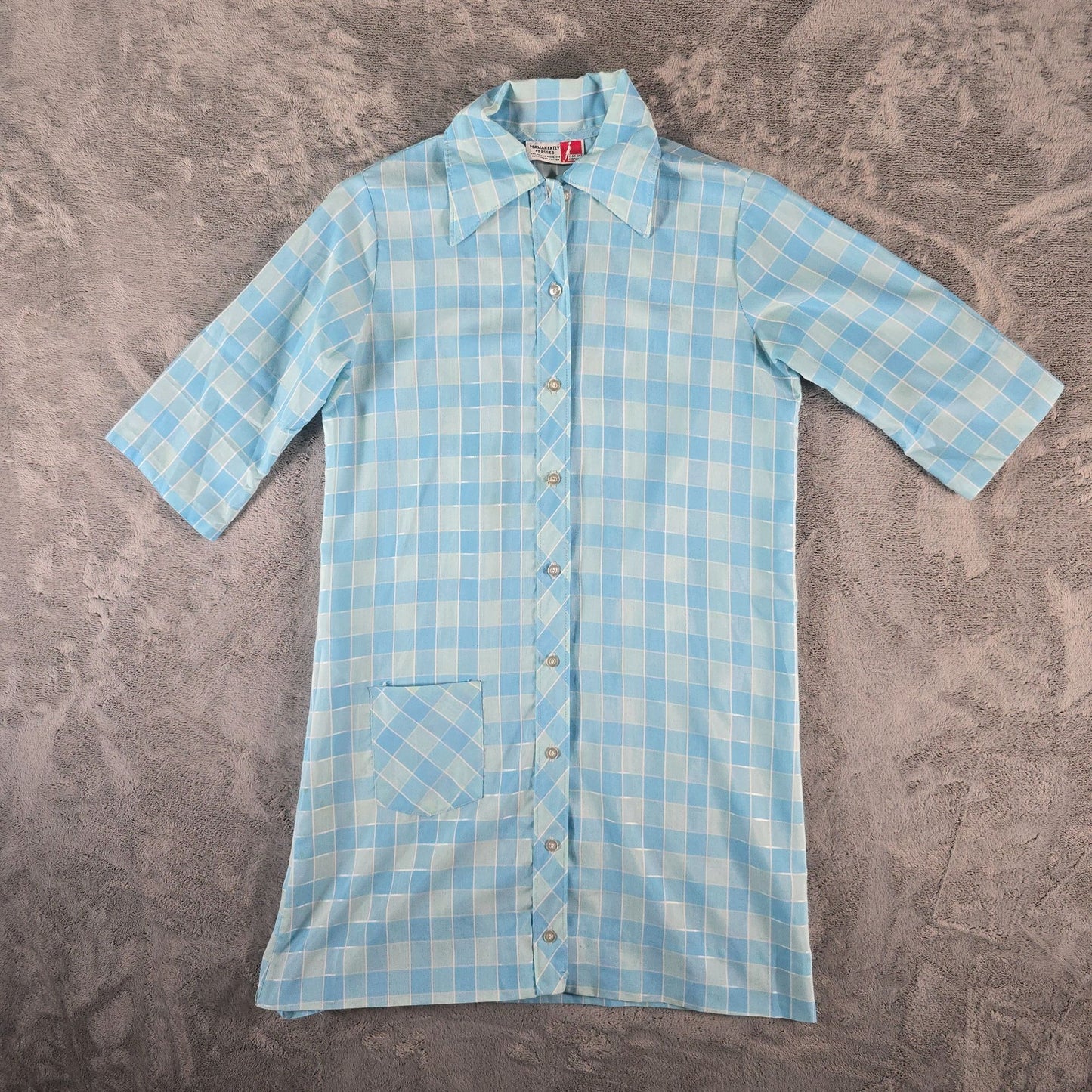 Vintage 1970s Lean on Klopman Blue Windowpane Polycotton Mini Mod Shirtdress (M)