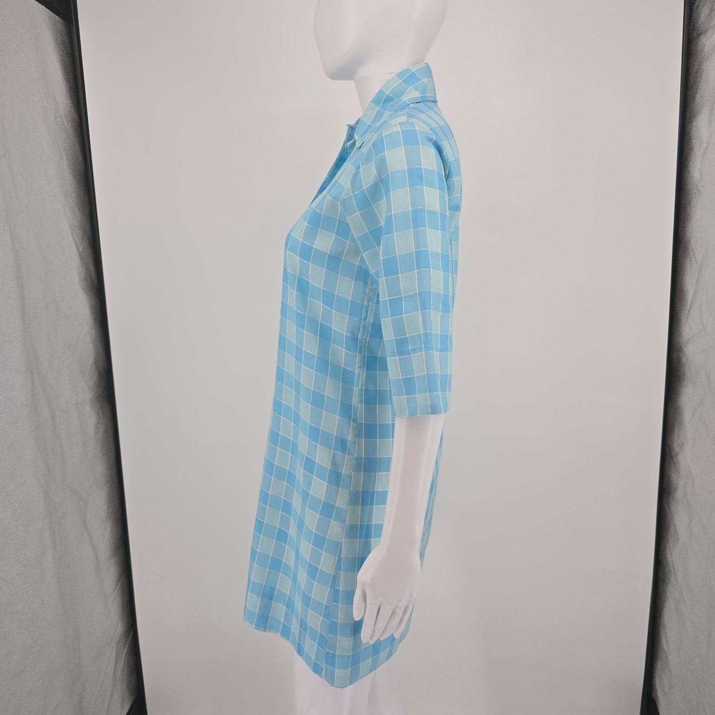 Vintage 1970s Lean on Klopman Blue Windowpane Polycotton Mini Mod Shirtdress (M)