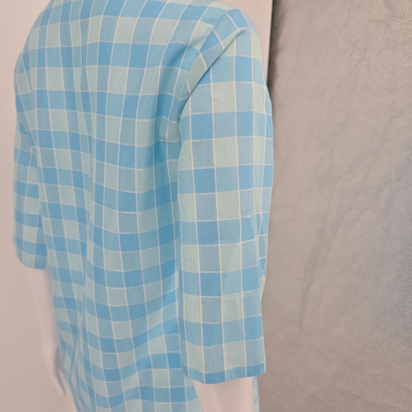 Vintage 1970s Lean on Klopman Blue Windowpane Polycotton Mini Mod Shirtdress (M)