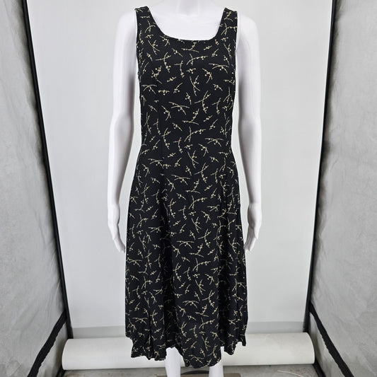 Vintage 1990s Black Floral Branch Print Sleeveless A-Line Midi Dress (Size 4/S)
