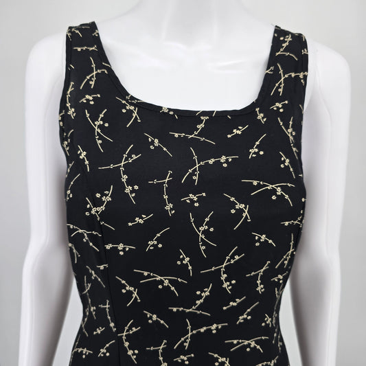Vintage 1990s Black Floral Branch Print Sleeveless A-Line Midi Dress (Size 4/S)
